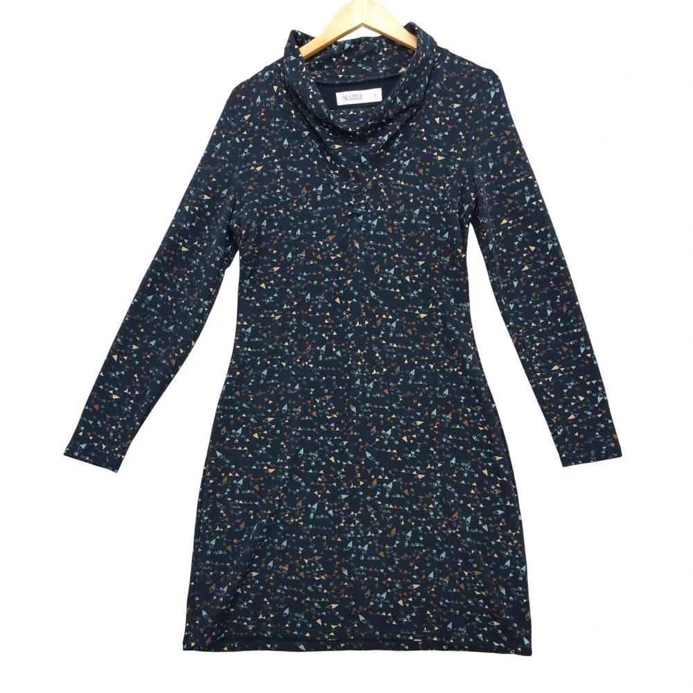 Carve Designs Cowl Neck Dress Women S Navy Geometric‎ Long Sleeve A-Line